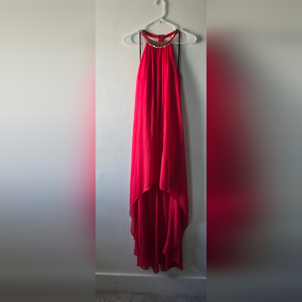 Laundry By Shelli Segal Hot Pink High-Low Halter Dress with Beaded Neckline